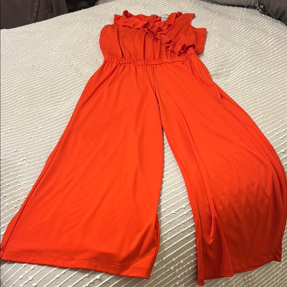 Joan Rivers Red Jumpsuit with Ruffled Neckline and Wide-Legged Pants